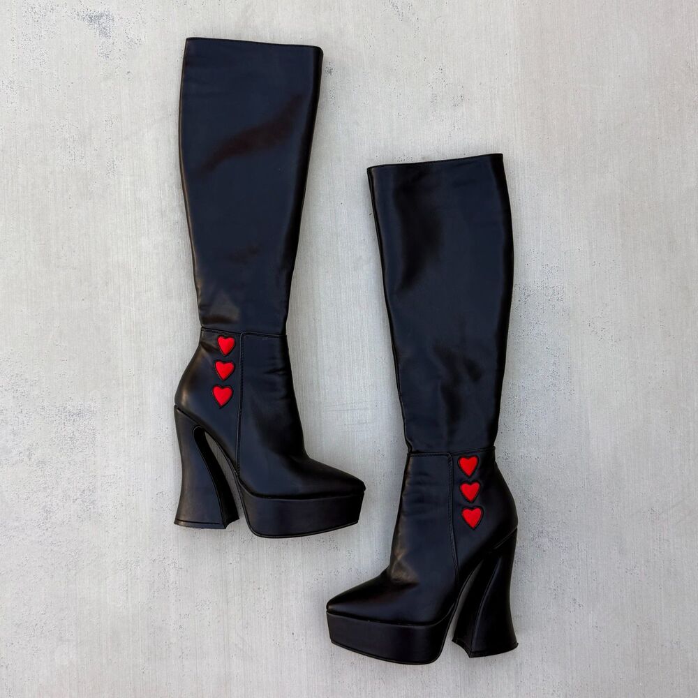Dolls Kill Lamoda Faux Leather Black Platform Boots With Red Hearts Size 8